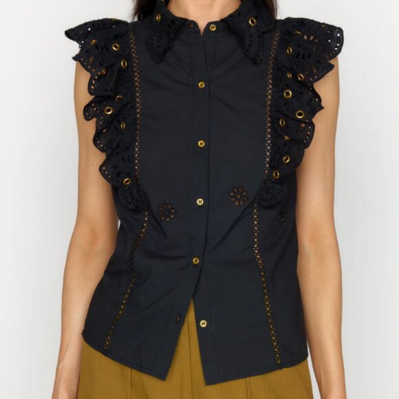 Christy Lynn Tops - Christy Lynn Tania Ruffle Eyelet top with Gold accents - Size Small